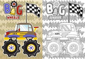 monster vrachtauto met af hebben vlag Aan band bijhouden achtergrond, vector tekenfilm illustratie, kleur boek of bladzijde