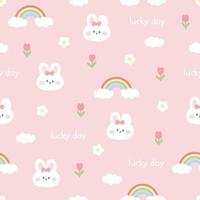 schattig kawaii naadloos patroon. schattig konijn. konijn en regenboog, bloemen. vector