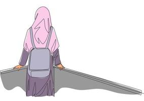 een single lijn tekening van jong schoonheid midden- oosten- muslimah vervelend boerka en draag- tas, terug visie. traditioneel Arabisch vrouw Niqab kleding concept doorlopend lijn trek ontwerp vector illustratie