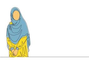 single doorlopend lijn tekening van jong gelukkig mooi muslimah vervelend traditioneel Arabisch kleding. schoonheid Aziatisch vrouw model- in modieus hijab mode concept een lijn trek ontwerp vector illustratie