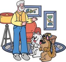 hand- getrokken ouderen Mens opleiding een hond illustratie in tekening stijl vector