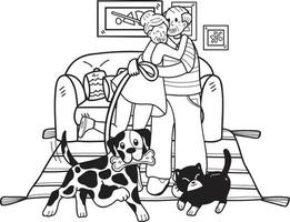 hand- getrokken ouderen Speel met honden en katten illustratie in tekening stijl vector
