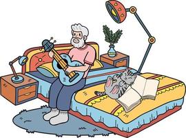 hand- getrokken ouderen spelen gitaar met kat illustratie in tekening stijl vector