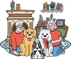 hand- getrokken ouderen zittend met de hond illustratie in tekening stijl vector