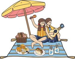 hand- getrokken paar zittend Aan een picknick Aan de strand illustratie in tekening stijl vector