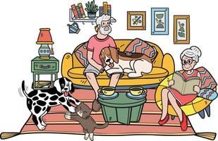 hand- getrokken ouderen knuffelen honden en katten illustratie in tekening stijl vector