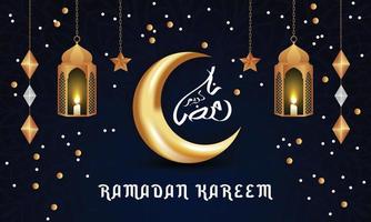 Ramadan kareem groeten Islamitisch gelegenheid achtergrond met Arabisch kalligrafie, halve maan maan, lantaarns, sterren, sier- decoratief achtergrond vector