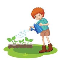 gelukkig schattig weinig jongen gieter planten vector illustratie
