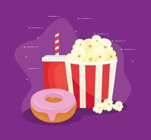 zoete donut met popcorn en drank, fastfoodcombinatie vector