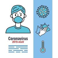 coronavirus pandemie banner met een zieke persoon en pictogrammen vector