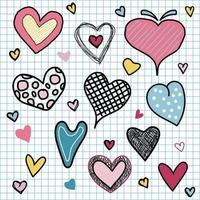 set van Valentijnsdag harten liefde doodles hand tekenen op raster achtergrond vector