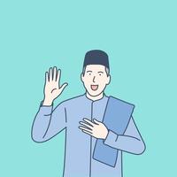 gelukkig Moslim Mens terwijl golvend zijn hand- naar groeten, hand- getrokken stijl vector ontwerp illustraties
