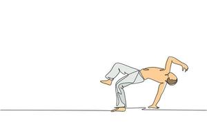 enkele doorlopende lijntekening van jonge sportieve man oefen braziliaanse capoeira beweging dans op buiten straat. cultuur krijgskunst en sport concept. trendy één lijn tekenen ontwerp vectorillustratie vector