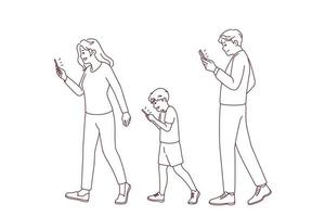 familie met kind wandelen straat Holding smartphones. verslaafd ouders en kind gebruik makend van mobiele telefoon. mobiel telefoons en technologie verslaving. vector illustratie.