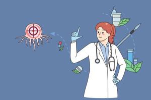 vrouw dokter of wetenschapper onderzoeken kanker cel Doen Onderzoek in laboratorium. vrouw medisch specialist werk met oncologie diagnostisch en behandeling. tumor biopsie en chemotherapie. vector illustratie.