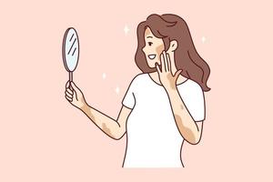 glimlachen vrouw met vitiligo kijken in spiegel gevoel lichaam positief. gelukkig meisje met huid ziekte voelen tevreden en optimistisch. huidsverzorging en dermatologie. vector illustratie.