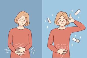 ongezond vrouw lijden van maagpijn en voelen beter na pil. meisje nemen geneesmiddel van buik pijn. geneeskunde en farmacologie. vector illustratie.