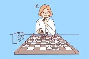 slim meisje spelen schaken. knap jong vrouw zitten Bij bureau genieten logisch bord spel. kennis en hobby. vector illustratie.