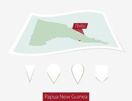 gebogen papier kaart van Papoea nieuw Guinea met hoofdstad haven moresby Aan grijs achtergrond. vier verschillend kaart pin set. vector