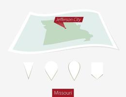 gebogen papier kaart van Missouri staat met hoofdstad Jefferson stad Aan grijs achtergrond. vier verschillend kaart pin set. vector