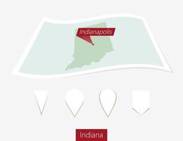 gebogen papier kaart van Indiana staat met hoofdstad Indianapolis Aan grijs achtergrond. vier verschillend kaart pin set. vector