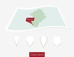 gebogen papier kaart van Groenland met hoofdstad nuuk Aan grijs achtergrond. vier verschillend kaart pin set. vector