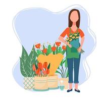 aantrekkelijk vrouw staand en Holding boeket van bloemen in handen. bloemist, bloem winkel onderhoud concept voorraad vector illustratie geïsoleerd Aan wit achtergrond.