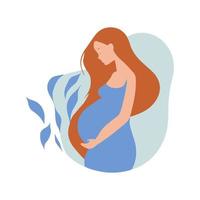 een zwanger vrouw ondersteunt haar buik. tekenfilm illustratie van een zwanger vrouw met rood haar. vector