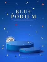 twee blauw ronde podium met confetti Aan blauw achtergrond, voor Product Scherm, vector illustratie