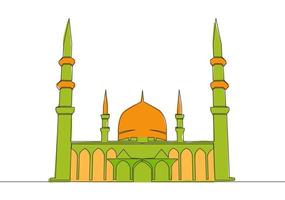 een doorlopend lijn tekening van Islamitisch historisch mijlpaal masjid of moskee. de oude gebouw dat werken net zo een plaats van aanbidden voor moslim persoon concept single lijn trek ontwerp vector illustratie