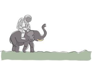 enkele doorlopende lijntekening van kosmonaut met ruimtepak die Aziatische olifant berijdt, wild dier in maanoppervlak. fantasie astronaut safari reis concept. trendy één lijn tekenen ontwerp vectorillustratie vector