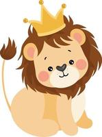 aanbiddelijk leeuw zittend met kroon Aan hoofd vector