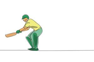 enkele doorlopende lijntekening behendige jongeman cricketspeler oefenen om cricketbat vector grafische illustratie te slingeren. sport oefening concept. trendy ontwerp met één regel voor cricketpromotiemedia