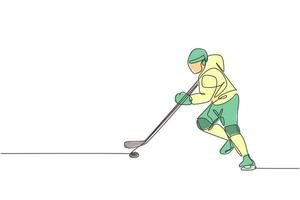 één enkele lijntekening van jonge ijshockeyspeler in actie om een competitief spel te spelen op de vectorafbeelding van het ijsbaanstadion. sporttoernooi concept. modern ononderbroken lijntekeningontwerp vector