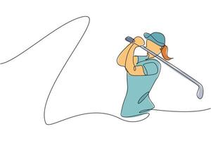 enkele doorlopende lijntekening van jonge gelukkige golfspeler zwaait de golfclub om de bal te raken. hobby sportconcept. trendy één lijn tekenen ontwerp vectorillustratie voor golftoernooi promotie media vector