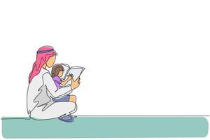 enkele doorlopende lijntekening van jonge arabische vader zit op de grond en leest een verhaalboek voor aan dochter. islamitische moslim gelukkige familie vaderschap concept. trendy één lijn tekenen ontwerp vectorillustratie vector