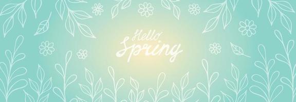 Hallo voorjaar horizontaal banier sjabloon. hand- getrokken vector illustratie van wit contour bladeren en bloemen Aan licht blauw helling achtergrond met belettering.