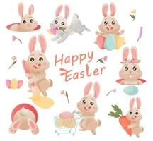 gelukkig Pasen groot reeks met schattig konijn, eieren, bloemen. vector konijn karakter set. dier dieren in het wild vakantie tekenfilm