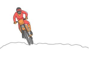 enkele doorlopende lijntekening van jonge motorcrossrit rijdt de fiets zo snel op het goede spoor. extreme sport race concept vectorillustratie. trendy ontwerp met één regel voor promotiemedia voor motorcross-evenementen vector