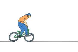 een doorlopende lijntekening van een jonge bmx-fietser die een gevaarlijke truc uitvoert in het skatepark. extreme sport concept vectorillustratie. dynamisch ontwerp met één lijntekening voor poster voor evenementpromotie vector