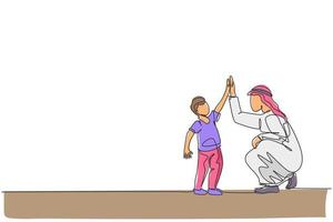 enkele doorlopende lijntekening van jonge arabische jongen geeft high five gebaar aan zijn vader, gelukkig ouderschap. islamitische moslim gezinszorg, vaderschap concept. trendy één lijn tekenen ontwerp vectorillustratie vector