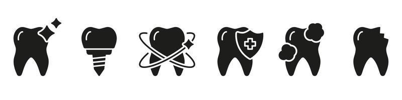 tandheelkundig implantaat, orthodontisch bescherming silhouet icoon set. mondeling zorg glyph pictogram. tandheelkundig behandeling solide teken. tand bleken procedure. tandheelkunde symbool. geïsoleerd vector illustratie.