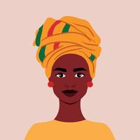 mooi Afrikaanse meisje in traditioneel hoofdtooi. vol gezicht portret in vlak stijl. avatar. vrouw. diversiteit. zwart geschiedenis maand vector