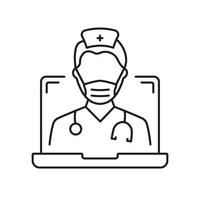 online digitaal geneeskunde lijn icoon. dokter in computer medisch Gezondheid zorg online lineair pictogram. virtueel geneeskunde onderhoud schets icoon. telegeneeskunde. bewerkbare hartinfarct. geïsoleerd vector illustratie.