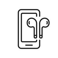 smartphone met oortelefoon lijn icoon. mobiel telefoon met koptelefoon pictogram. koptelefoon, mobiele telefoon schets symbool. audio technologie, elektronisch apparatuur. bewerkbare hartinfarct. geïsoleerd vector illustratie.