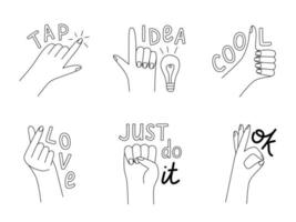 grappig gebaar hand- reeks met belettering in lijn stijl. stickers met concept van wijzend, motivatie, goedkeuring, nieuw idee, liefde en tevredenheid vector