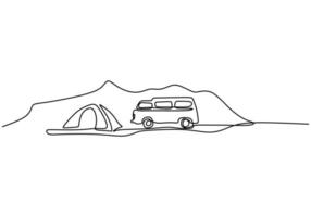 camper doorlopende lijntekening. een kampeerauto en tent in bergen geïsoleerd op een witte achtergrond. het concept van verhuizen in een camper, familiecamping, camping, caravan. vector illustratie