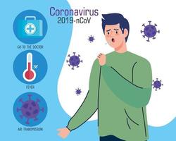 jonge man met covid 19 symptomen infographic vector