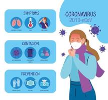 jonge vrouw met covid 19 symptomen infographic vector