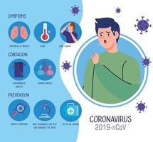 jonge man met covid 19 symptomen infographic vector